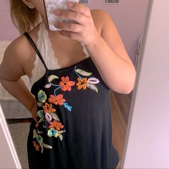 Free People Embroidered Floral Shift Mini Dress Black - Picture 6 of 12